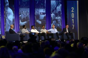Former Marquette players sat in front of 7 LED panels that displayed video and photographs throughout the evening.
